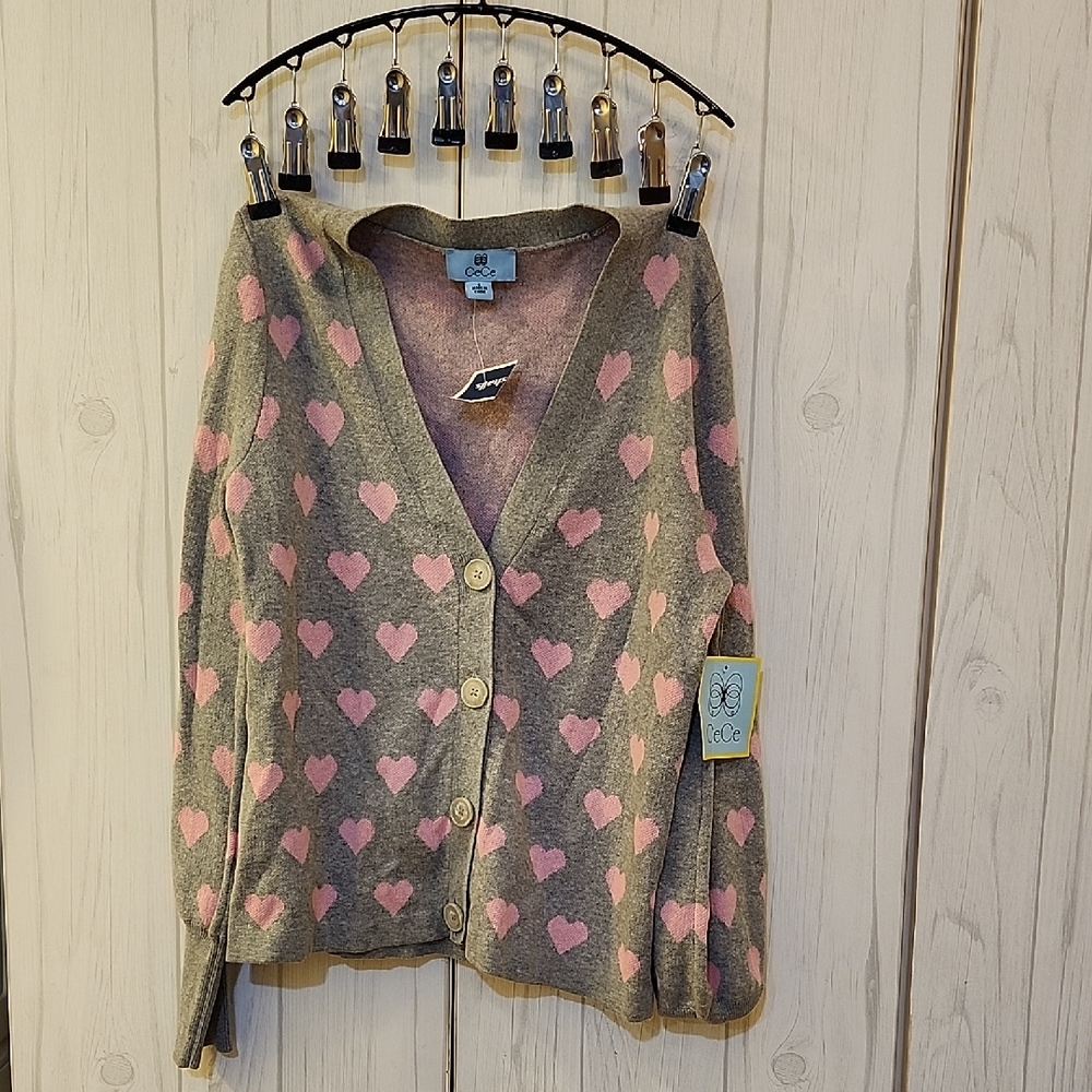 CeCe Gray Cardigan with Pink Heart Design